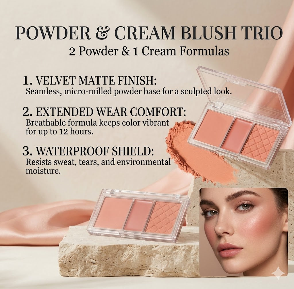 3-in-1 Matte Blush Palette: 2 Powder + 1 Cream Waterproof Colors, Highly Pigmented, Long-Lasting & Skin-Friendly Travel Makeup